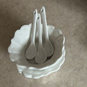 3 White Ceramic Scalloped Bowls with 2 Spoons